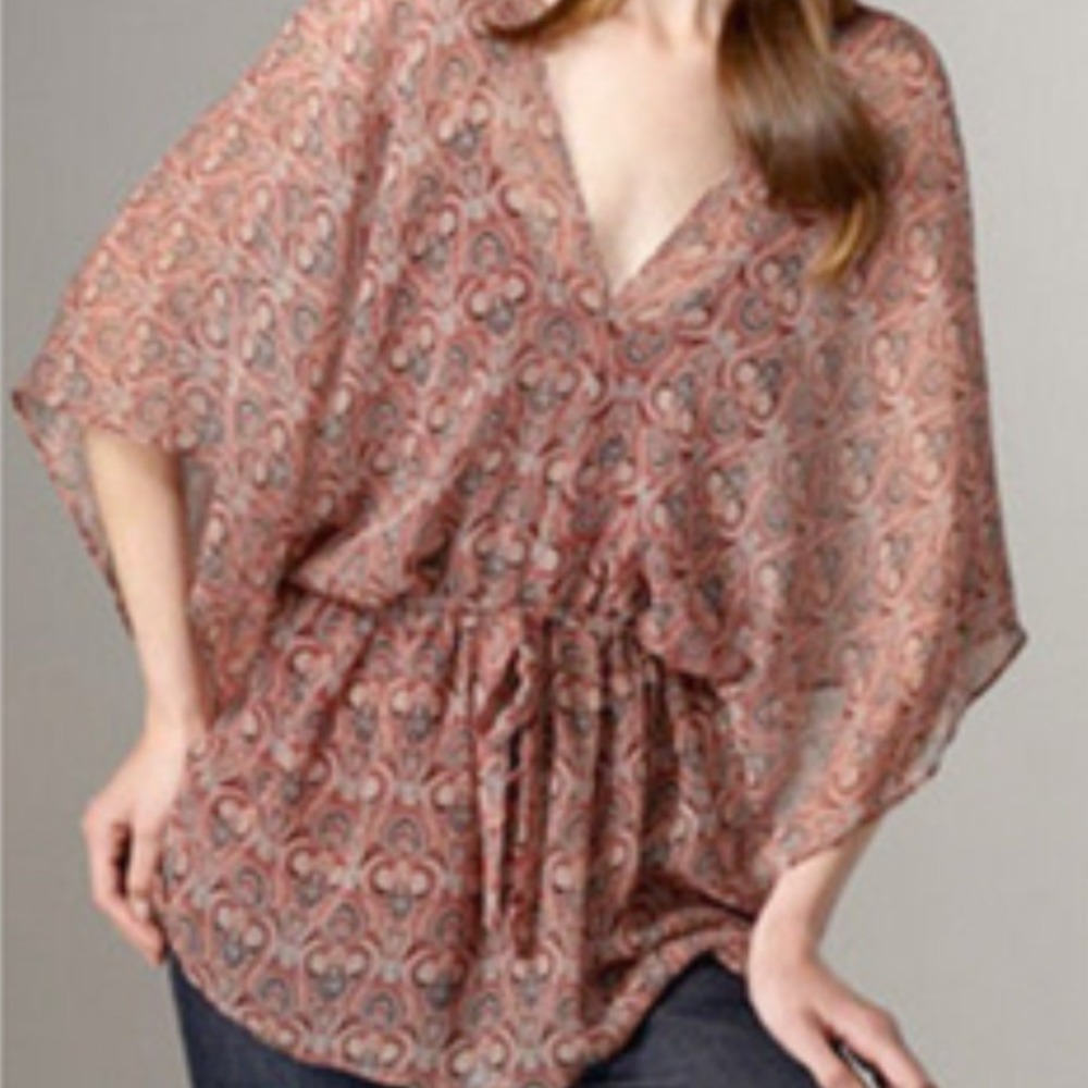 Ella Moss‎ XS Paisley Print Sheer Kimono Kaftan Blouse Tie Waist Boho 100% Silk